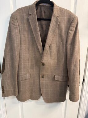 Madison Tan Plaid Two-Button Sport Coat with Patch Elbows